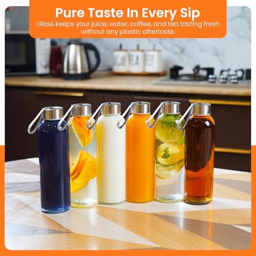 Epica Clear Glass Bottles with Lids, 18 oz Water Bottles, Loop Caps