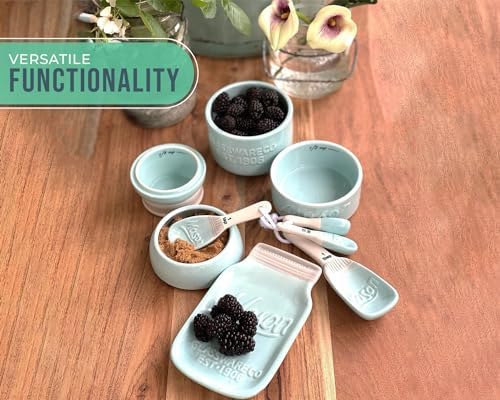 Comfify Aqua Blue Mason Jar Measuring Set – 4 Cups, 4 Spoons, Spoon Rest