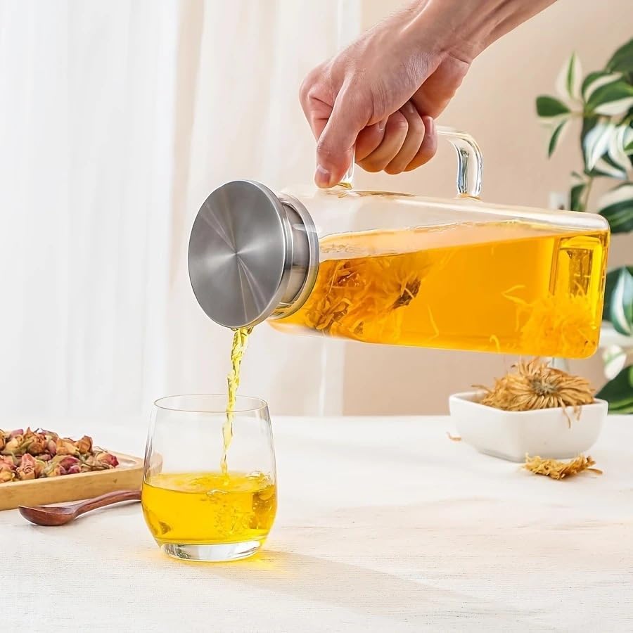 1 Pack 2 Liters/68 oz Square Glass Pitcher with Lid and Handle, Glass Carafe for Hot/Cold Water, Large Iced Tea Pitcher for Coffee, Juice