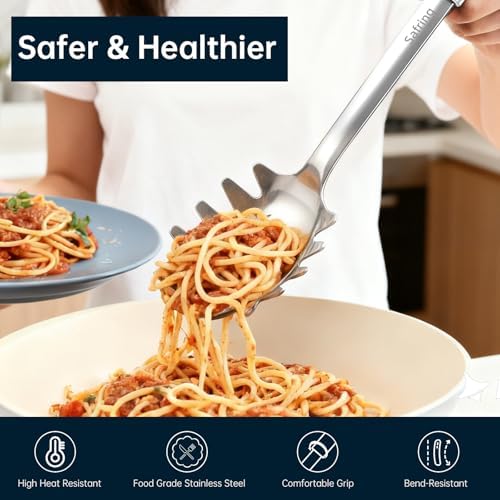 Safring Stainless Steel Soup Ladle and Spaghetti Spoon Set, Heat Resistant Rubber Handle, Dishwasher Safe, Kitchen Utensils for Cooking, Stirring, Serving Pasta, Soup & Sauce (Coffee)
