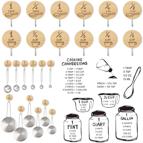 12 Pack Wooden Hooks for Organizing Measuring Cups and Spoons with Stickers