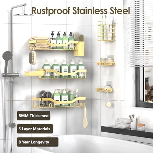 NESOMI Shower Caddy Adhesive Shower Organizer 8-Pack, Rustproof Stainless Steel Bathroom Shelves, Large Capacity No-Drill Rack Storage Accessories with Soap Dish Toothbrush Holder Hooks