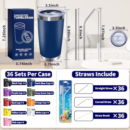 HAOLI 36 Pack Bulk 20oz Stainless Steel Tumblers, Lids & Straws, Mix Color