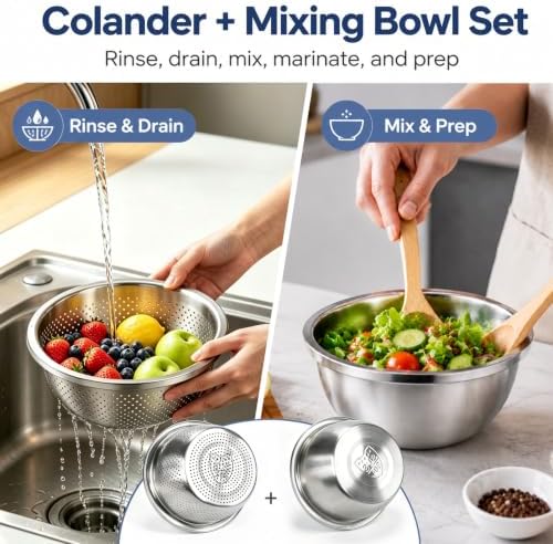 Palksky 2QT Stainless Steel Colander and Mixing Bowl Set