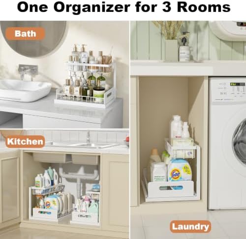REALINN Under Sink Organizer, L-Shaped 2 Tier Pull Out Cabinet Organizer