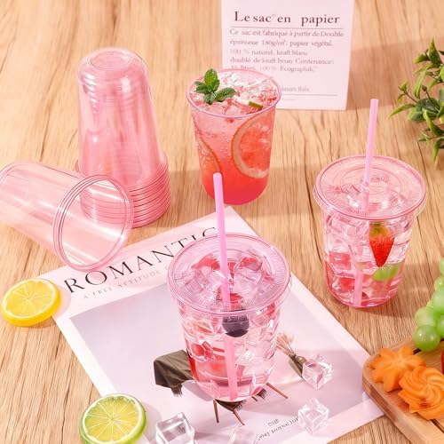 tchrules 100 Set 16oz Pink Plastic Disposable Cups with Lids and Straws