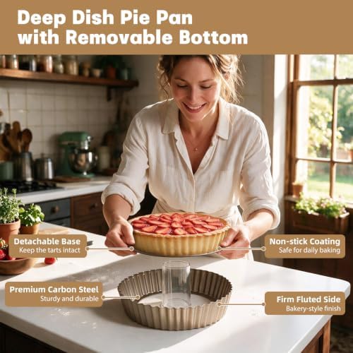 Deep Dish Pie Pan: 2 Pack 9.5 inch Quiche Baking Pan Removable Bottom