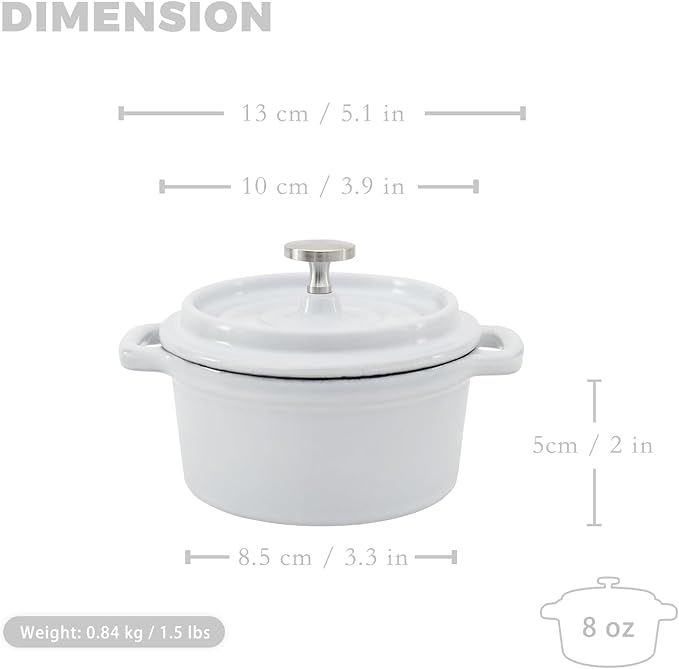 Mini Cocotte 8 oz Mini Dutch Oven 0.25 qt. Cast Iron Garlic Roaster for Oven Garlic Confit Pot Ramekins with Lids Oven Safe Set of 2, White
