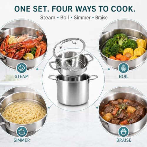 DELARLO 8 Quart Tri-Ply 18/10 Stainless Steel Stock Pot with Steamer