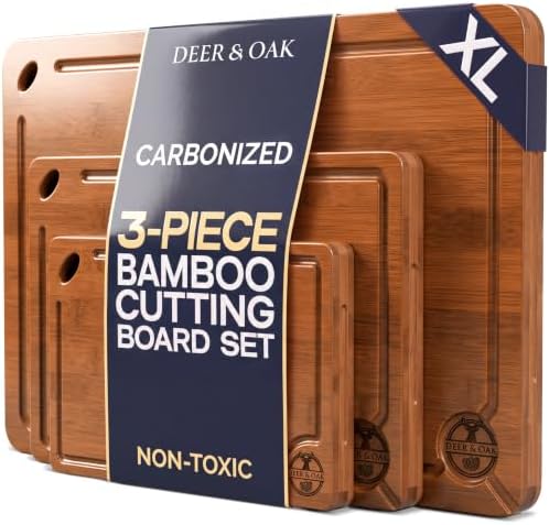 Pre-Oiled, Non Toxic 3-Piece Carbonized Bamboo Cutting Board Set