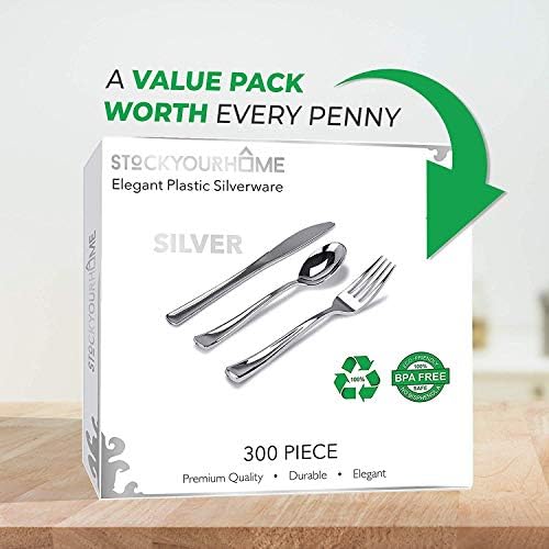Silver Plastic Cutlery Set 300 Pack Disposable Silverware Heavy Duty Plastic 100 Forks, 100 Knives, 100 Spoons for Catering Events, Parties, Dinners, Weddings, Everyday Use, Stock Your Home