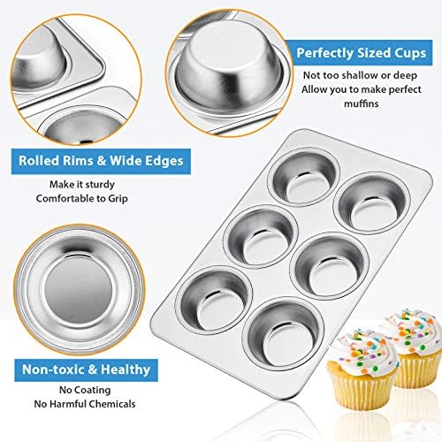 E-far Muffin Pan Set of 4, Stainless Steel Muffin Pan Tin for Baking, 6-Cup Metal Cupcake Pan Tray, Non-toxic & Healthy, Oven & Dishwasher Safe, Regular Size - 11.44 x 7.12 x 1.25 Inch