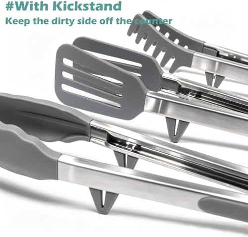 12" Kitchen Tongs for cooking with Silicone Tips, 3Pcs Serving Tongs, Grey