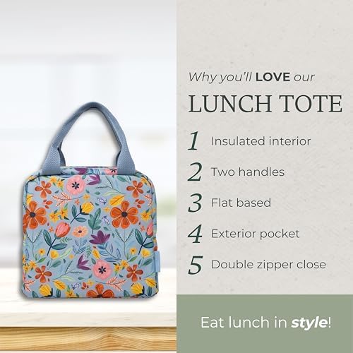 Steel Mill & Co Insulated Lunch Tote Bag for Women, Large Capacity Cooler Lunch Box, Cute Lunch Bag for Adults, Mini Cooler with Zipper Closure, Pockets, and Sturdy Handles (Folk Floral Multi)