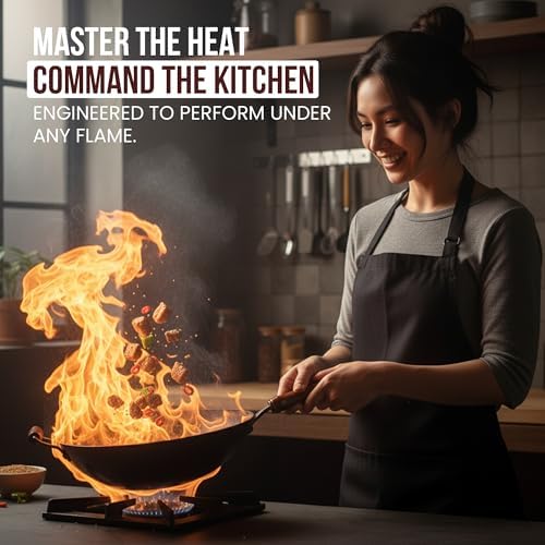 Pre-Seasoned Cast Iron Nonstick Stir-Fry Pan | Dual Handles & 4 Spatulas | Flat Bottom Wok with Wooden Lid & Wood Handle | Traditional Chinese Induction Wok (36Cm)
