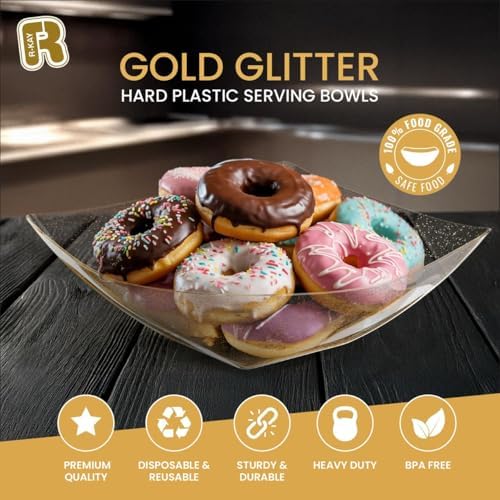 R-kay 6 Pack Extra Large Gold Glitter Serving Bowl - 128 Ounce Gold Plastic Serving Bowls For Entertaining - Plastic Bowls For Salads And Snacks - Disposable bowls For All Occasions
