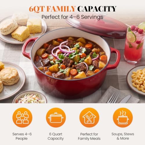 Sweetcrispy 6 Qt Enameled Cast Iron Dutch Oven Pot with Lid, Red