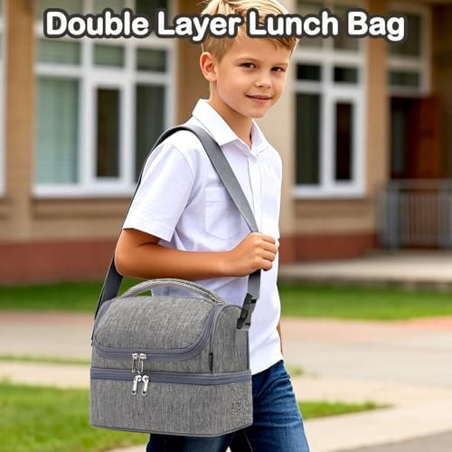 FlowFly Double Decker Cooler Insulated Lunch Bag Large Tote for Boys, Girls, Men, Women, With Adjustable Strap (Grey)
