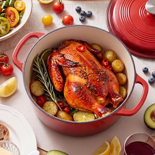 NEWBULIG Cast Iron Dutch Oven, 6 Quart Enamel Dutch Oven Pot with Lid, Heavy Duty Cookware for Sourdough Bread, Braising, Stews, Roasting, Safe up to 500°F, Red