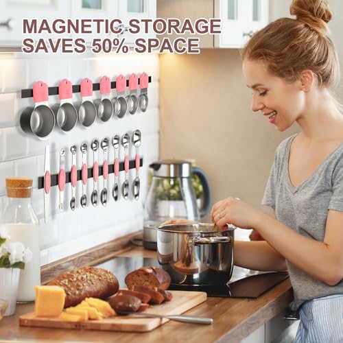 16-Piece Magnetic Measuring Cups and Spoons Set, Stainless Steel, Pink