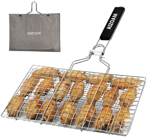 Shallow Grill Basket Fish Grill Basket, Fish Grilling Basket BBQ Fish Grill Baskets for Outdoor Grill,Grill Basket with Removable Handle. Perfect for Grilling Fish Fillets