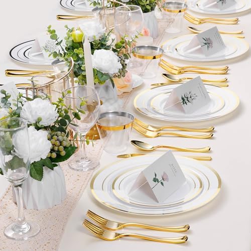 BESTSTAR 100PCS White Plastic Plates for Party, 10.25 Inch Disposable Plates with Gold Rim, Heavy Duty Dinner Plates for Party, Wedding and Birthday (Pack of 2)