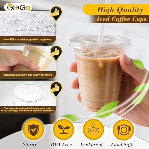 Ginkgo 100 Pack 12 oz Plastic Iced Coffee Cups with Lids and Straws
