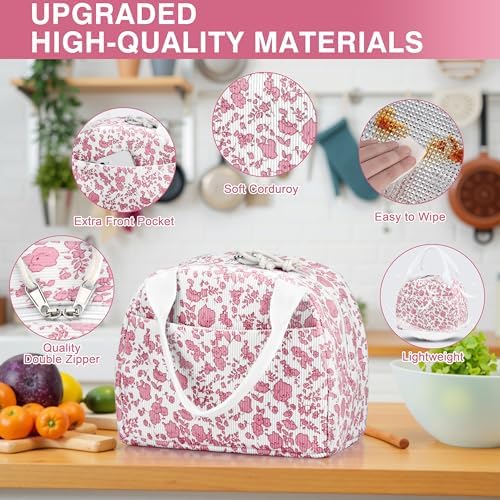 TESAFNG Lunch Bag - Insulated Lunch Box for Women, Reusable Large Capacity Cooler Bag for Adult, Small Leakproof Cute Corduroy Lunch Tote for Work Office Travel Picnic (Corduroy Rose Red-Flower)