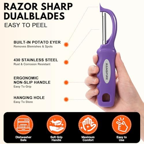 Rainspire Vegetable Peeler Potato Peelers for Kitchen, Sharp Stainless Steel Blades Veggie, Comfortable Handle Fruit Peeler, Carrot Peeler Apple Peeler Dishwasher Safe (2, Purple)