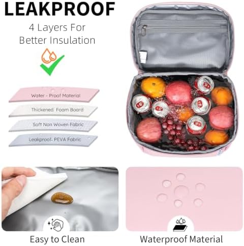NOL Insulated Lunch Bag for Women Men Adults, Reusable Lunch Tote with Adjustable Shoulder Strap, Leakproof Thermal Food Cooler Bag with Front Pocket and Side Mesh Pockets for Work Travel, Pink