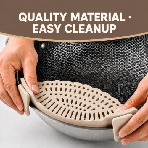 Silicone Pot Strainer, Emptycolor Adjustable Clip On Strainer for Pots Pans, Heat Resistant Pot Drainer, Kitchen Pasta Colander for Vegetables and Noodles (Light Tan)