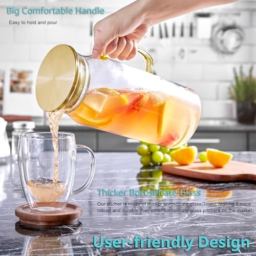 Bivvclaz 2 Liter 68 oz Gold Glass Pitcher with Lid and Handle, Glass Carafe for Hot/Cold Water, Large Iced Tea Pitcher for Coffee, Juice and Homemade Beverage
