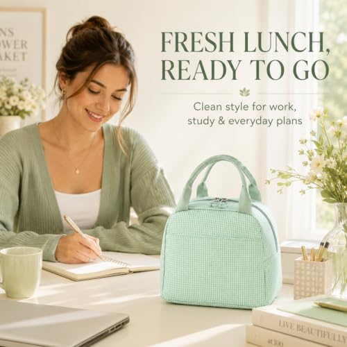 Bluboon Lunch Box for Women Cute Lunch Bag Reusable Insulated Lunch Bags Large Capacity Lunchbox Cooler for Work Picnic or Travel Gifts (Green White checker, 10 x 7.5 x 8 inches)
