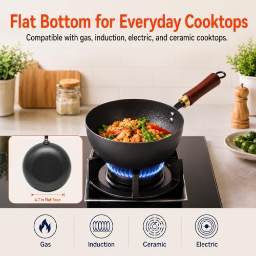 WANGYUANJI 8-Inch Carbon Steel Wok with Lid, Flat Bottom, Gas and Induction