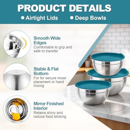 TeamFar Mixing Bowls, Stainless Steel Nesting Salad Bowls & Airtight Lids