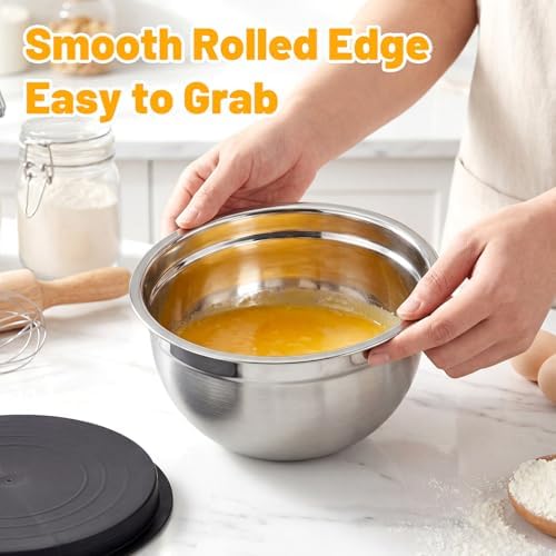 Beasea Stainless Mixing Bowls with Lids, 5 Pack 2 QT Stackable Stainless Steel Mixing Bowls with Black Lids for Salad, Serving, Food Storing, Baking Bowl Set for Cream Cake Prepping