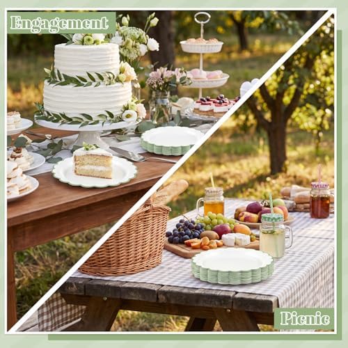 NatNarr 30 Pk Sage Green Paper Plates 9" Scalloped Green White Party Plates
