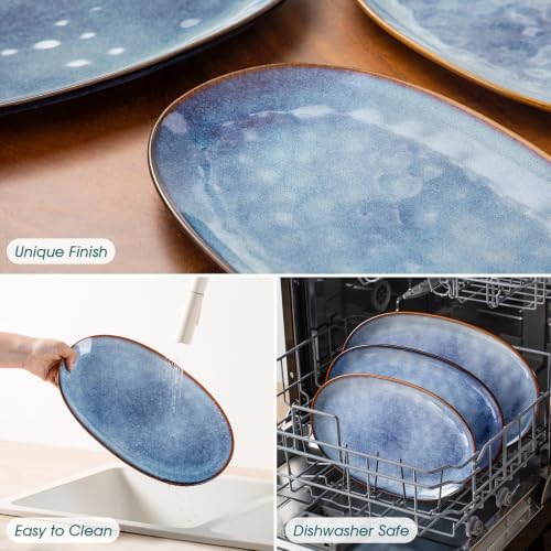 vancasso Ceramic Serving Platters Set of 3, Oval 16/14.7/13.5 Inch Stoneware Serving Dishes for Entertaining, Microwave Safe Serving Trays for Food, Turkey, Cheese, Party, Reactive Glaze Blue