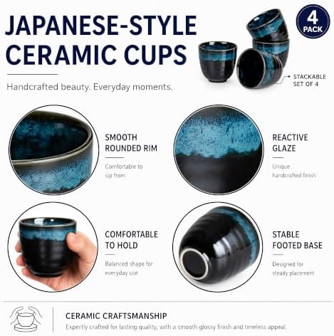 Ceramic Japanese Tea Cups, 5 oz Tea Cup, Chinese Tea Cup, Asian Teacup, Teacups, Set of 4, Nebula Blue