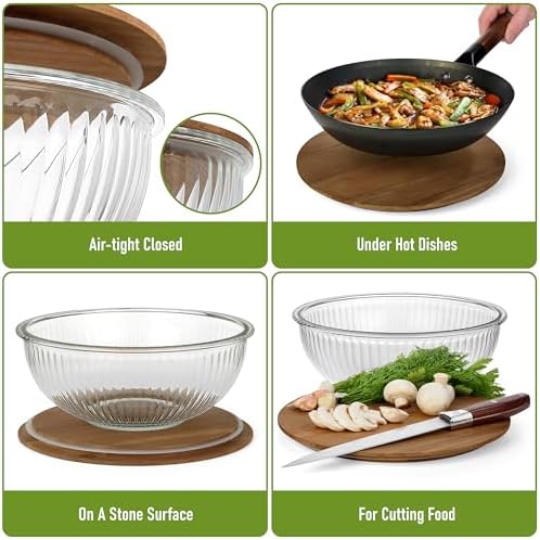 Stackable Glass Mixing Bowls with Acacia Lids Set of 3
