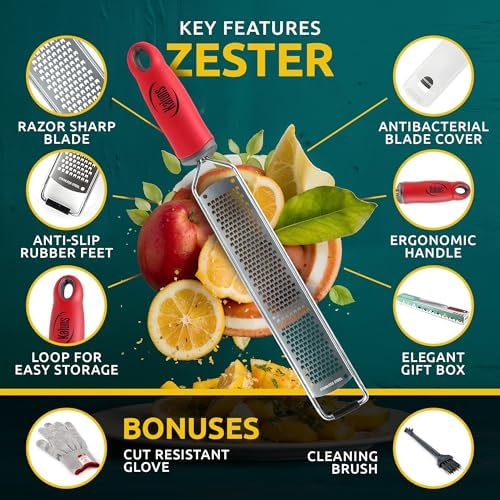 Lemon Zester & Parmesan Cheese Grater - Premium Citrus Zester Graters For kitchen W Stainless Steel, For Chocolate, Garlic, Ginger, Nutmeg, Fruits, Vegetables - Bonus Cleaning Brush & Glove