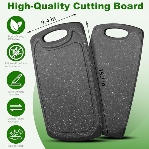 Cutting Boards,15.7"×9.4" Plastic Chopping Board Made From Natural Food Grade Material,BPA Free&Eco,Non Slip&Juice Groove,Dishwasher Safe,Double-Sided Usable,Dark Grey