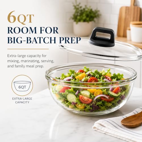 Large Glass Bowl for Sourdough Bread Making 6 QT Glass Mixing Bowl with Lid and Solid Black Bakelite Handle Clear Sourdough Bread Proofing Bowl with Cover Ideal for Baking Meal