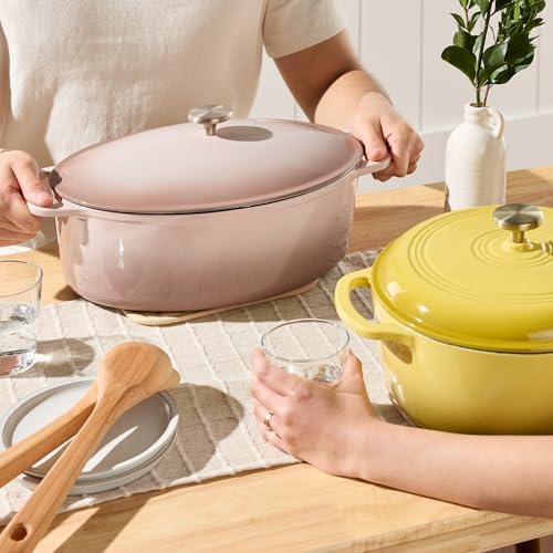 Best Choice Products Oval 7.5 Quart Enamel Cast-Iron Dutch Oven, Heavy-Duty Pre-Seasoned for Baking, Cooking w/Side Handles – Mushroom Beige
