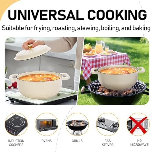 Bonnlo 5QT Round Dutch Oven, Enameled Cast Iron Dutch Oven Pot with Lid & Dual Handles, Oven Safe Up to 500° F, for Sourdough, Bread Baking, Stews and Roasting, White
