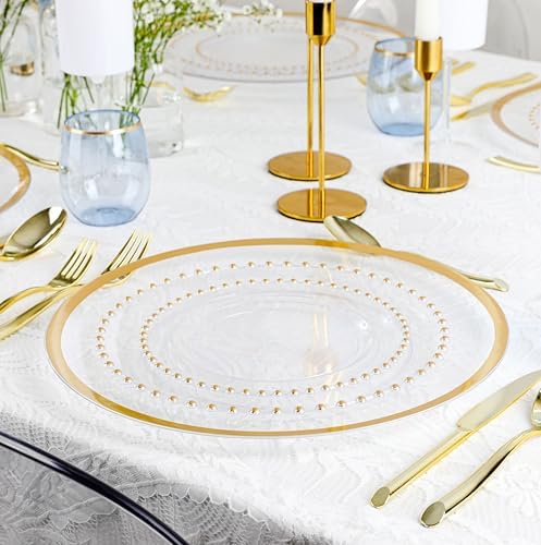 PLASTICPRO 64 Piece Combo Plastic Dinner Plates Disposable Plastic Fancy Heavy Duty Party Dishes 7 inch and 10 inch, Clear and Gold Beaded