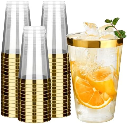 RACETOP 14 oz Disposable Plastic Cups with Gold Rim, 100 Pack