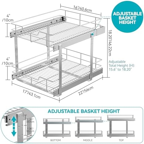 2 Tier Pull Out Cabinet Organizer 18" W X 22" D, Chromed, Full Slide Out