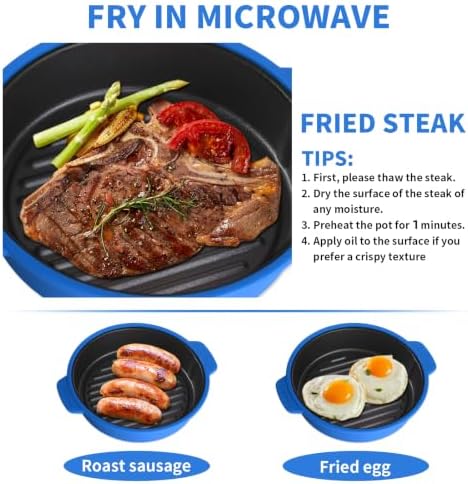 Microwave Grill Pan, Fry Griddle Crisper Pan with Lid for Grilling Browning and Crisping Foods Microwave Silicone Cookware for Baked Potato Meat Sandwich Vegetable Blue