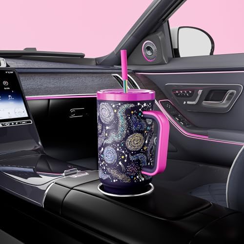 Meoky Glow in the Dark Tumbler: 40 oz Tumbler with Handle and Straw- Stainless Steel Insulated Tumbler for Car Cup Holders - Travelers Commuters Workers (1 Pack, Nebula)